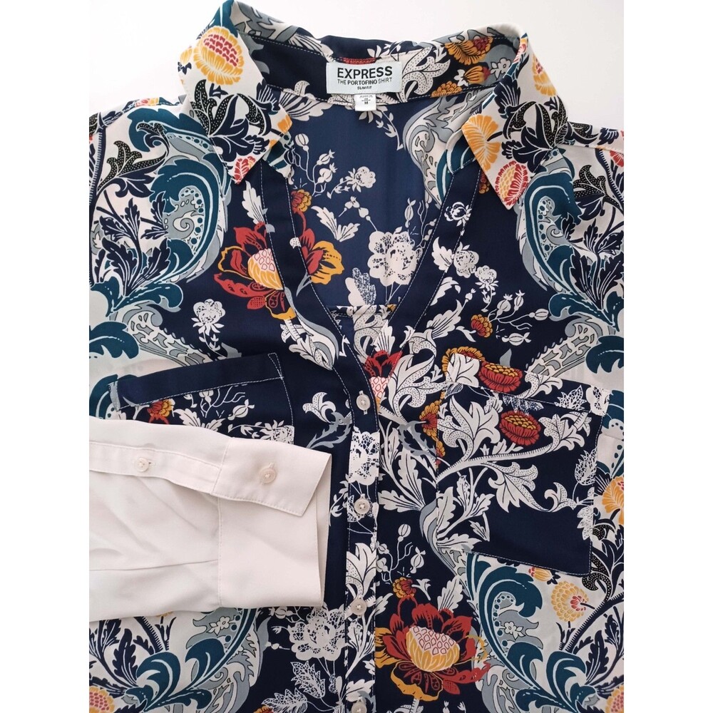 Express Portofino Shirt Medium Slim Floral Print Button Down Office Work Boho